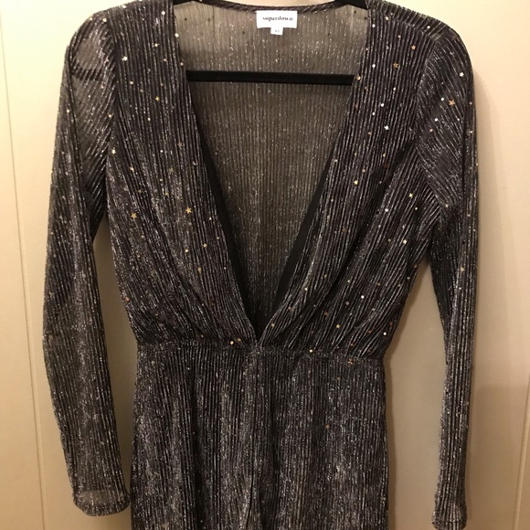 Superdown Deep V Black Silver Sparkle Long Sleeve Romper - Picture 4 of 6